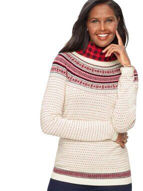 Talbots Nordic Fairisle Crewneck Start Red Cream Blue Lambswool Blend Size Mp